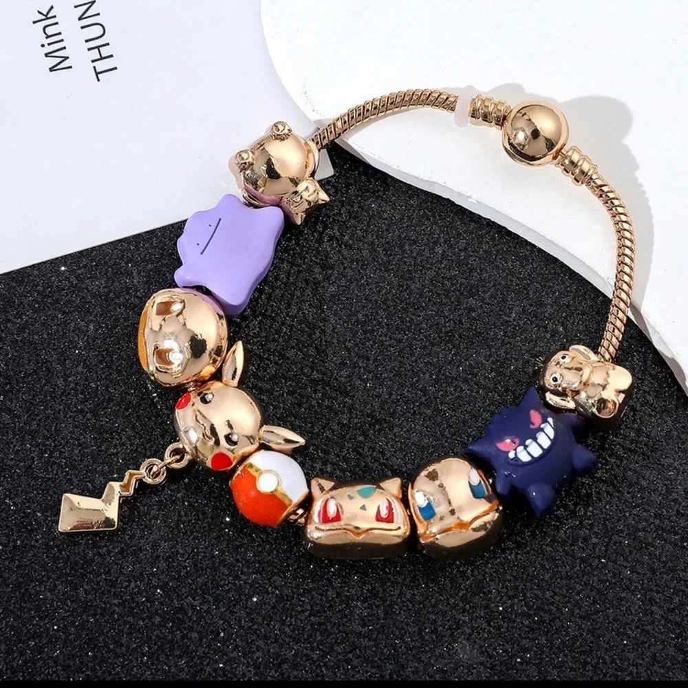 Gold Plated Pokemon Themed Charm Bracelet Adjustable Sizing Design - Picture 7 of 8